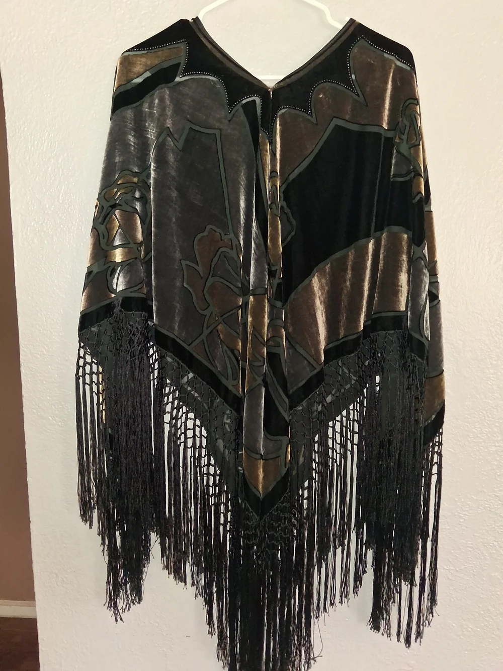 Vintage Black and Bronze Velvet Butnout Gypsey Festival Fringe Poncho  OS